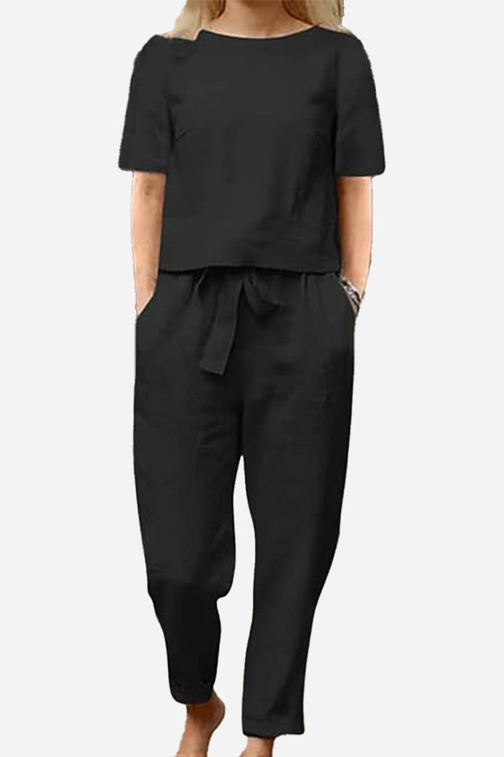 Cotton-Linen Blend Monochrome Two-Piece Set
