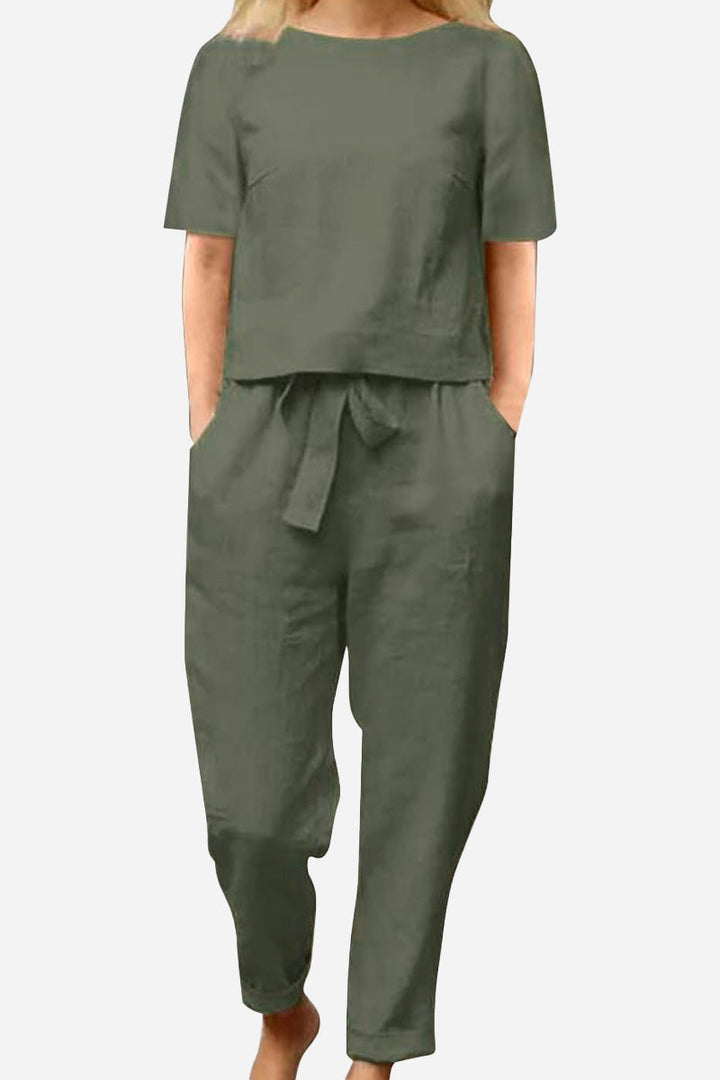 Cotton-Linen Blend Monochrome Two-Piece Set