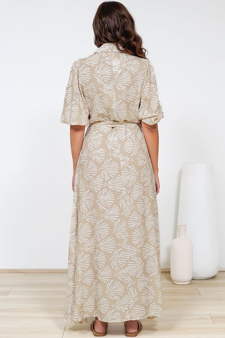 Brea Maxi Dress - Collared Shirt Dress with Belt in Catia Print Beige